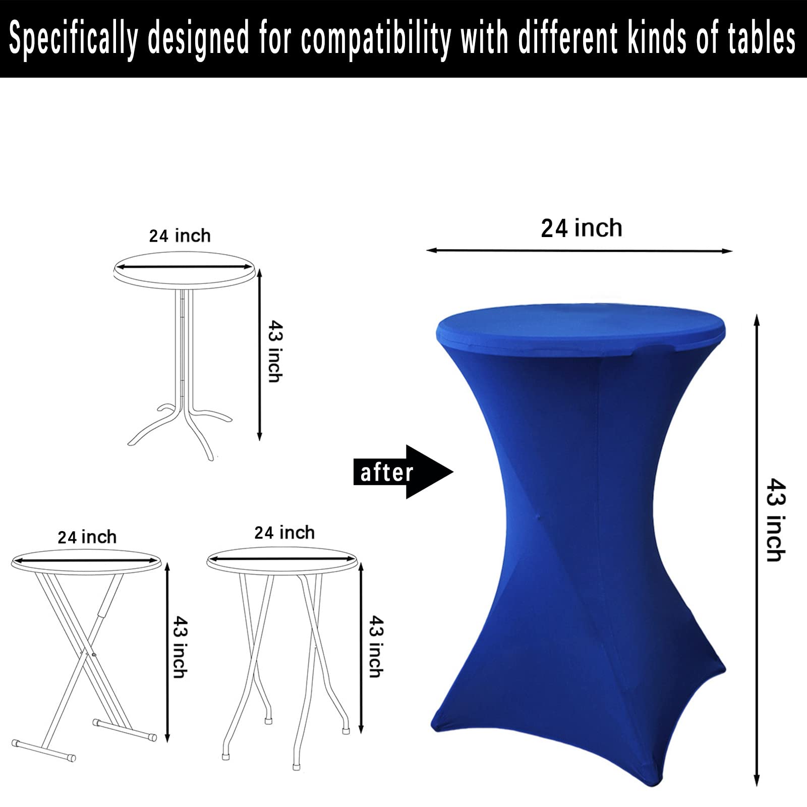 Fhberni 2 Pack 24x43 Inch Royal Blue Cocktail Tablecloth Spandex Round Fitted Table Cover for Wedding Banquet Event Party