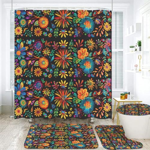 Mexican Floral 4-Piece Bathroom Set with Shower Curtain & Mats - Black