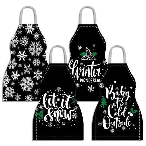 clothmile 4 Pieces Winter Apron Snowflake Bib Apron for Women Adjustable Black Cooking Baking Grilling Bib for Kitchen Witch Decor Gift