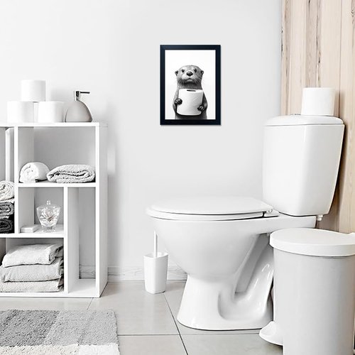 Funny Bathroom Wall Art - Framed Black and White Raccoon Canvas Print | Humorous Decor for Your Bathroom