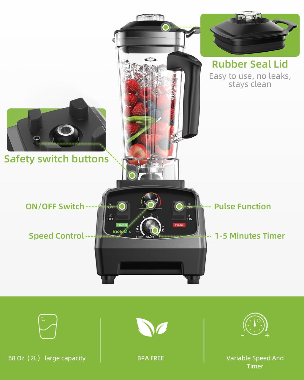 BioloMix Professional Smoothie Blender - 2200 Watt Motor, 68 Oz Large Capacity, High Speed Blender for Shakes, Smoothies, Ice Crushing, Frozen Fruits (with Extra Parts)