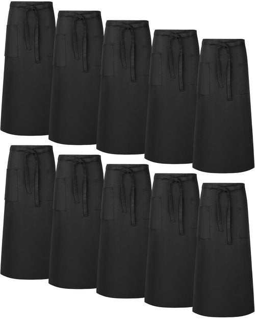 Xtinmee 10 Pcs Bistro Aprons Two Pockets 32 Inch Waterproof Half Waist Black Bistro Apron with Extra Long Waist Ties for Unisex Adult Front-of-house Staff