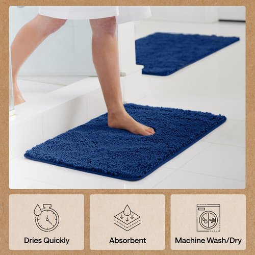 GORILLA GRIP Bath Rug Mat - Thick Soft Absorbent Chenille | Quick-Dry Microfiber, Rubber Backing, 24x17 Royal Blue