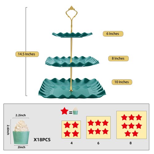 DAFURIET Dessert Cupcake Stand, 3 Tier Cup Cake Holder Tower for Tea Party/Birthday/Wedding, Plastic Tiered Serving Tray with Metal Rod (Green)