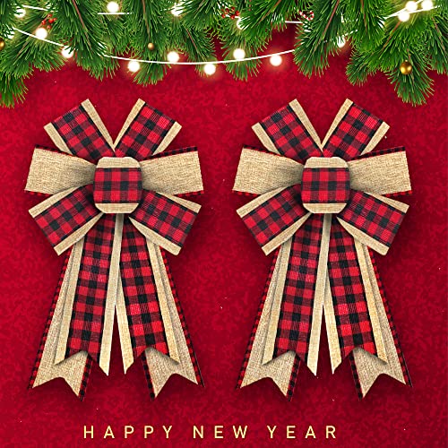 Threetols 2PCS Beige Red Buffalo Plaid Christmas Wreath Bows for Front Door & Holiday Decor