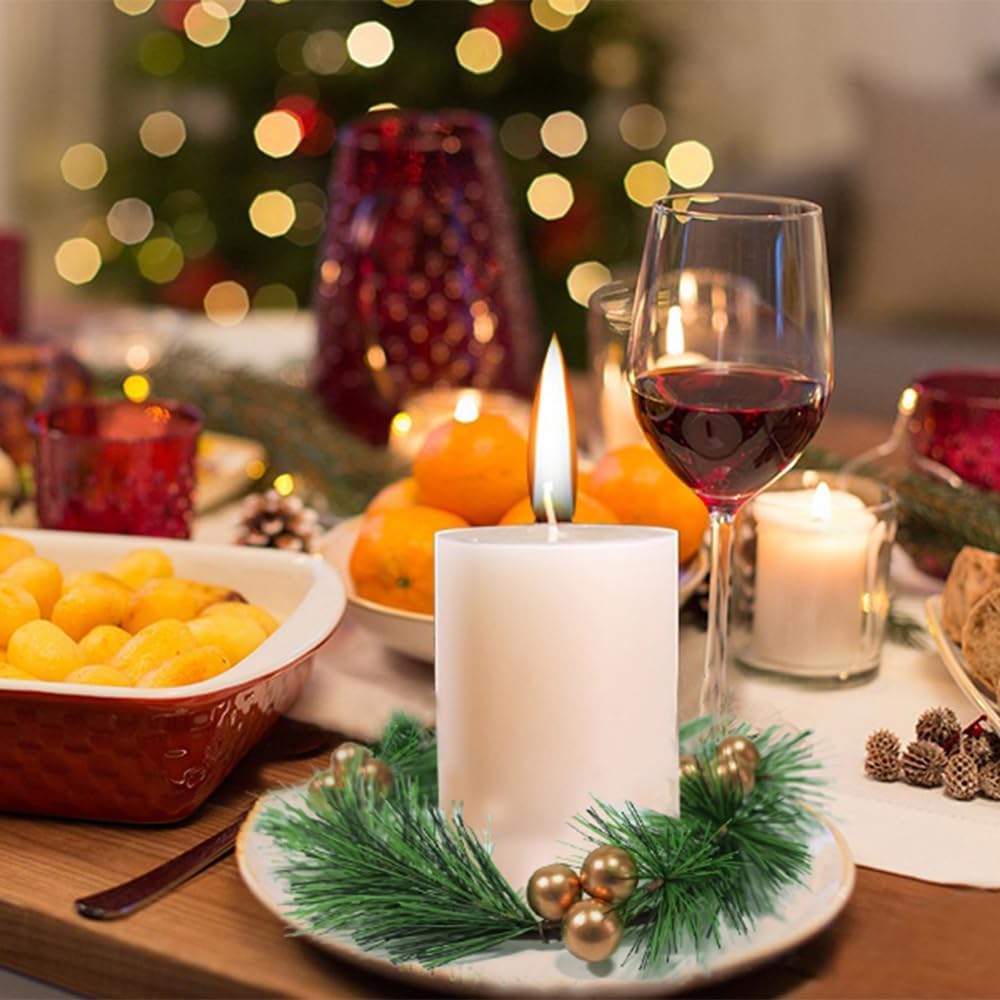 Skiennix Christmas Candle Rings - 4pcs Artificial Golden Berries & Greenery for Table Decor