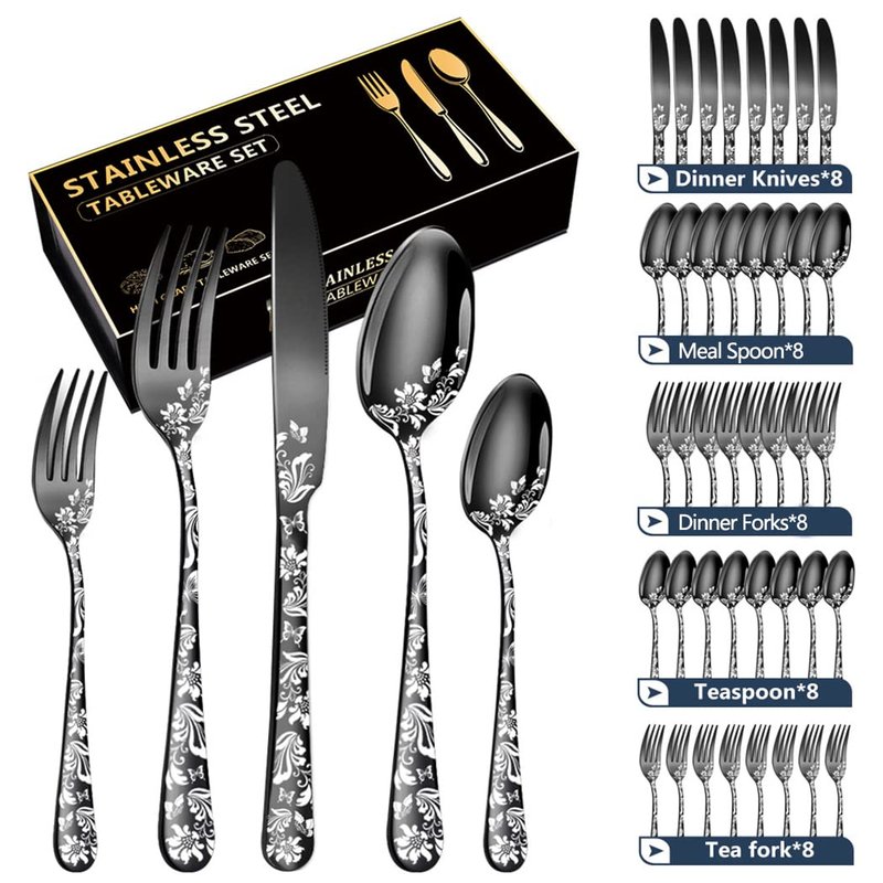 XIAOYU 40 Piece Silverware Set, Stainless Steel Flatware Set, Service for 8, Unique Pattern Design, Includes Dinner Knives/Forks/Spoons, Mirror Polished Cutlery Set, Gold