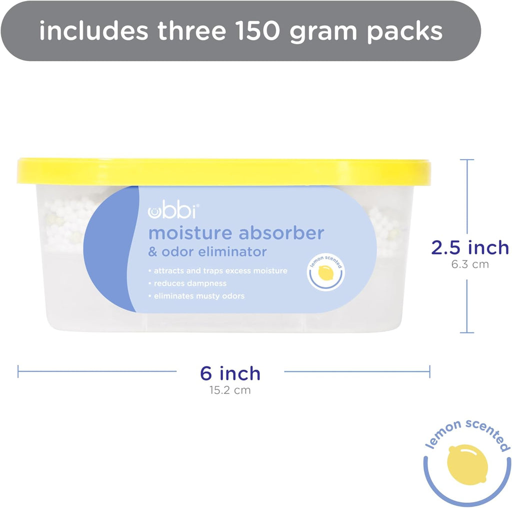 Ubbi Moisture Absorber - Odor Eliminator Tub with Lemon Scent - 3 Pack for Dampness Control