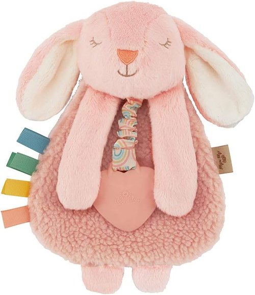 Itzy Ritzy - Itzy Lovey Baby Blanket with Teether - Soft Pink Bunny with Crinkle Sound & Textured Ribbons