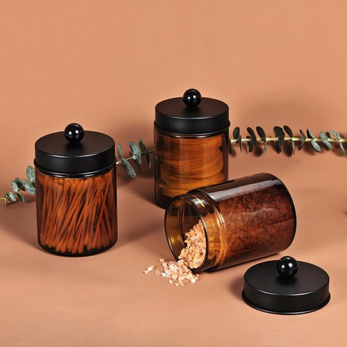 Amber Glass Qtip Holder - Apothecary Jar Qtip Dispenser with Metal Lid | 3-Pack Bathroom Organizer Set