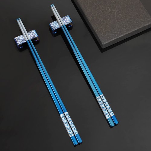 TiiCoo Reusable Titanium Plated Stainless Steel Chopsticks with Holder, Dishwasher Safe Lightweight Japanese Style Chopsticks Gift Set (Blue)