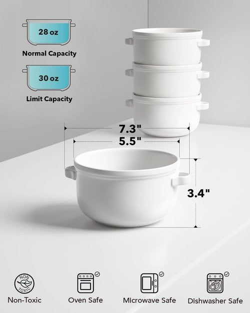 LE TAUCI Soup Bowls - 28 oz Ceramic Crocks With Handles | Oven & Microwave Safe - Set of 4, White