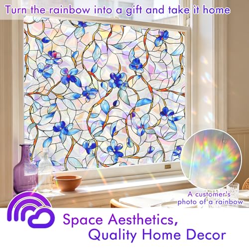 Rainbow Stained Glass Privacy Window Film | UV Blocking, Easy Install, 17.5x78.5