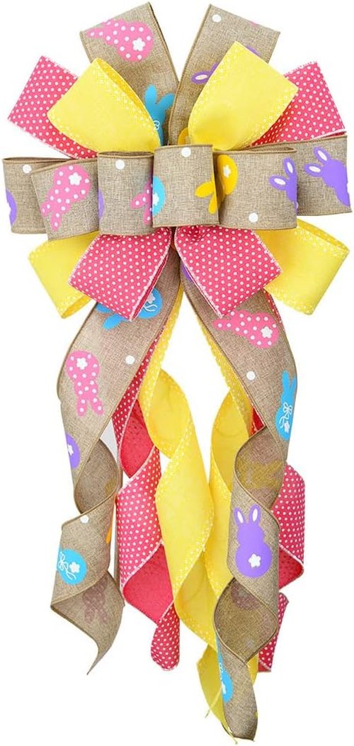 Hying Easter Wreath Bow - Flaxen Yellow & Pink Burlap Ribbon | Large Holiday Spring Decor