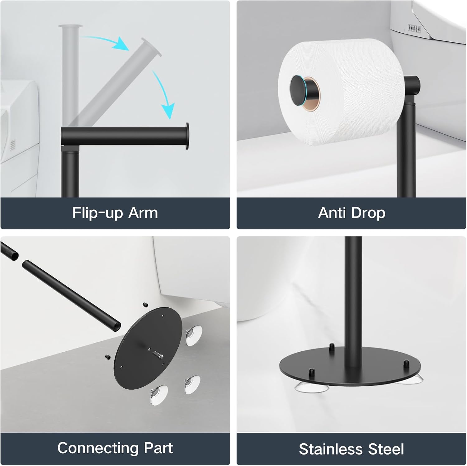 SetSail Toilet Paper Holder - Free Standing Stainless Steel Design with Suction Cups | Black