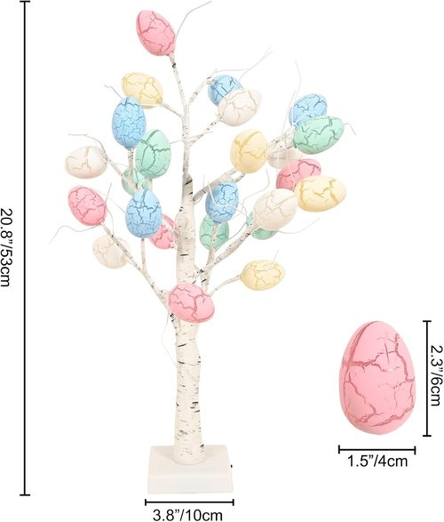 Kemooie 24-Inch Pre-Lit White Birch Tree | 24 Easter Egg Ornaments & LED Lights | Perfect Spring Table Centerpiece