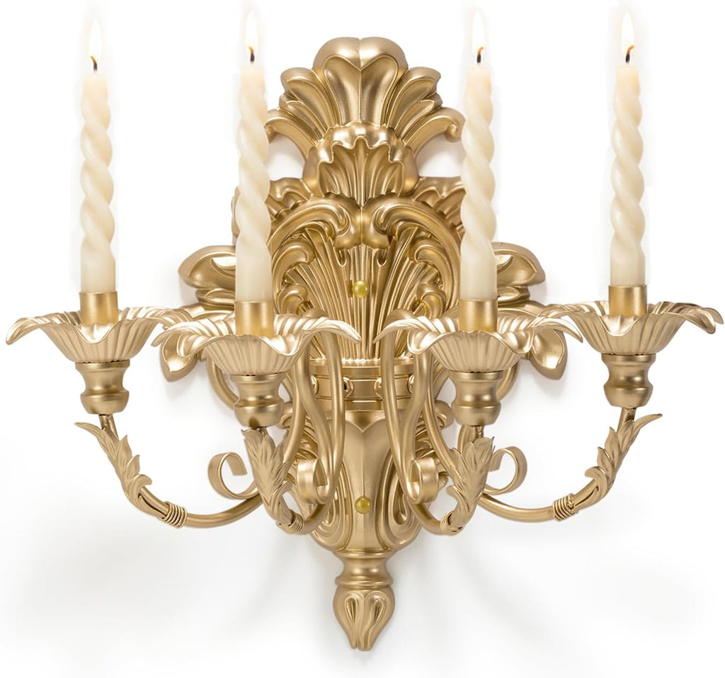 Roman - Fountain Wall Sconce | 4-Candle Gold Baroque Candelabra - Antique Metal Tapered Candle Holder for Victorian Decor