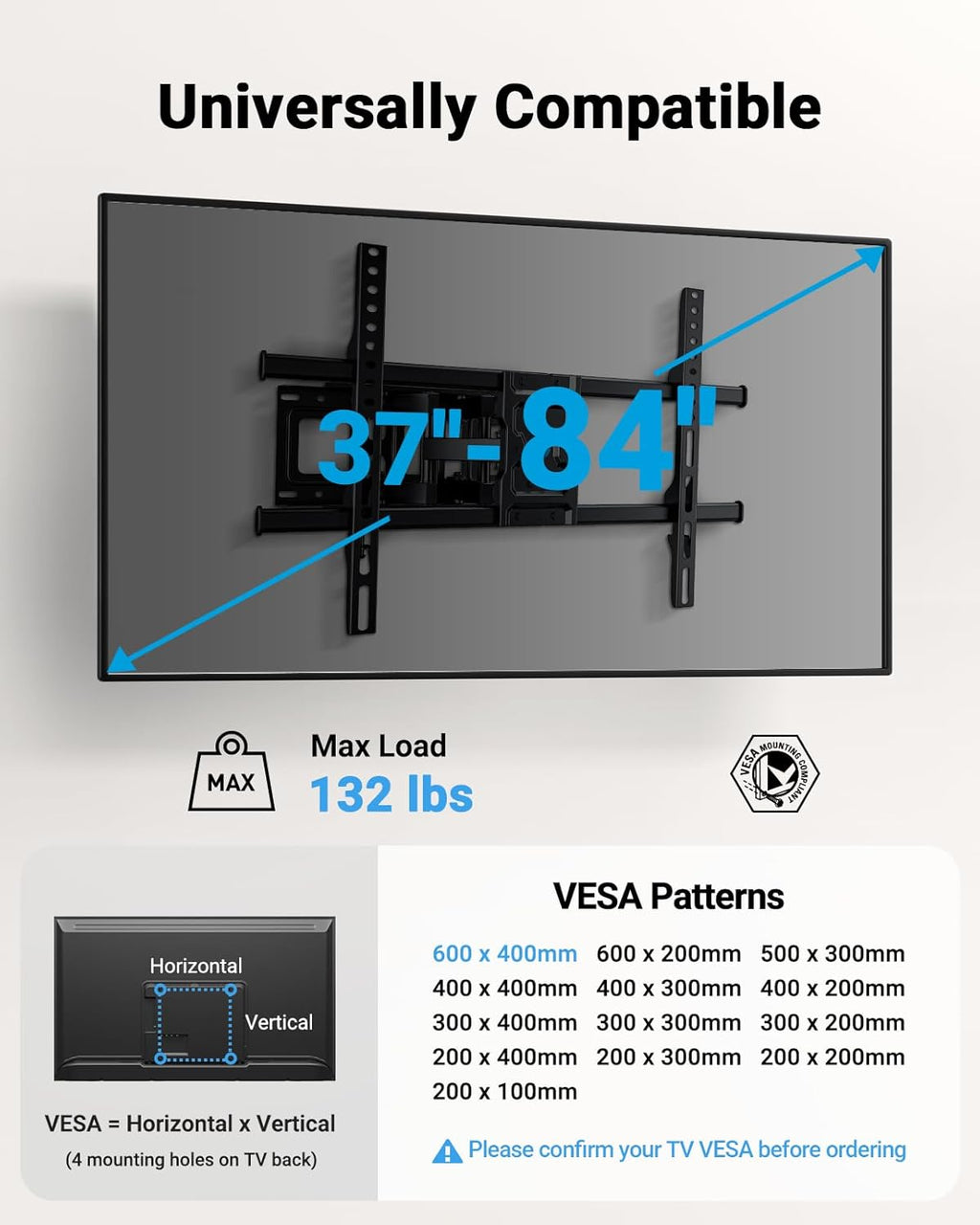 Pipishell Full Motion TV Wall Mount - Fits 37-84 Inch TVs Up to 132lbs | Articulating Swivel & Tilt