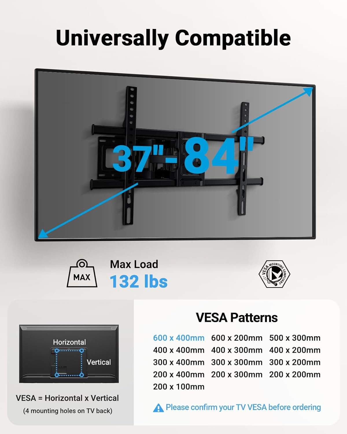 Pipishell Full Motion TV Wall Mount - Fits 37-84 Inch TVs Up to 132lbs | Articulating Swivel & Tilt