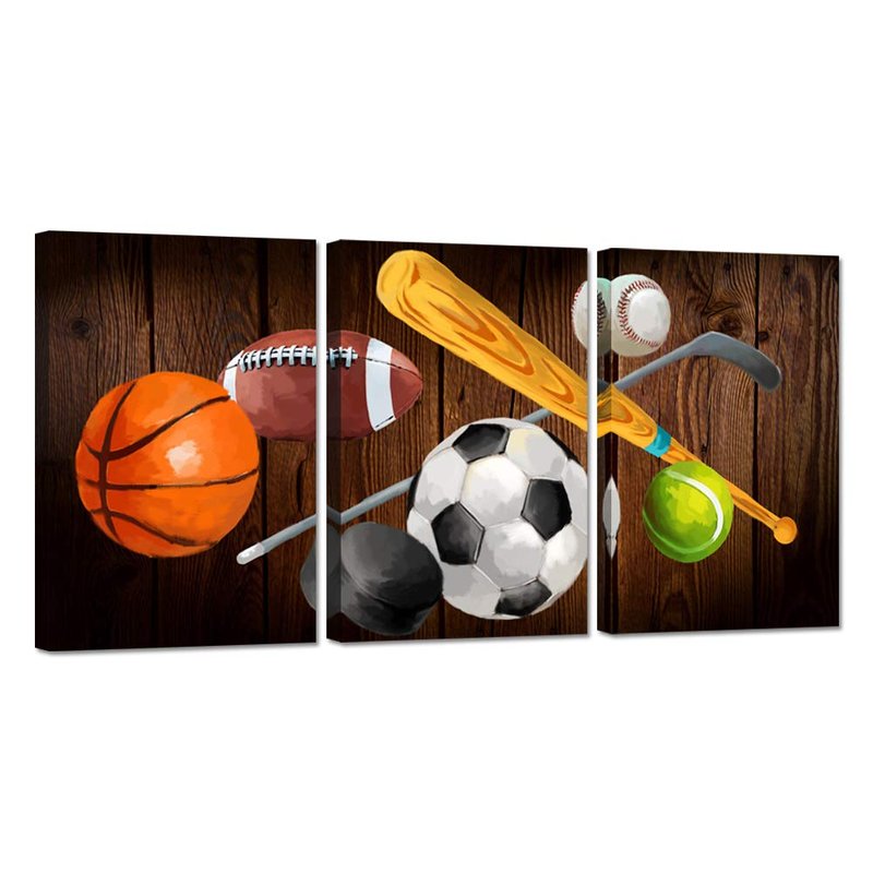 iHAPPYWALL 3 Pieces Vintage Sports Canvas Wall Art Basketball Football Baseball Soccer Hockey Balls Picture Prints for Living Room Bedroom Office Ready To Hang 16x24inchx3pcs