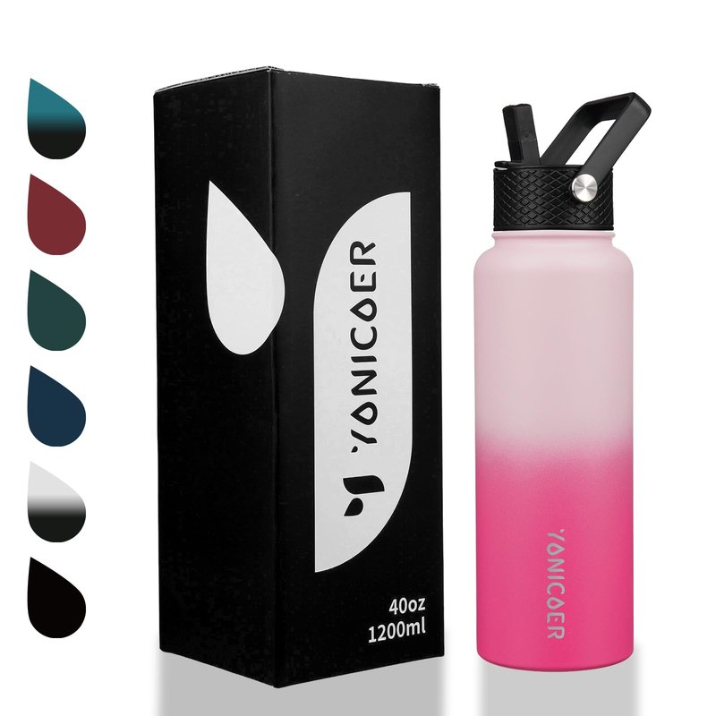 YONICOER Insulated Water Bottle 40oz,Triple Wall Vacuum Stainless Steel(Dishwasher Safe),Leak Proof & Non-BPA,Flask Jug with Paracord Handle & Straw Spout Lids Sports Cherry Blossom