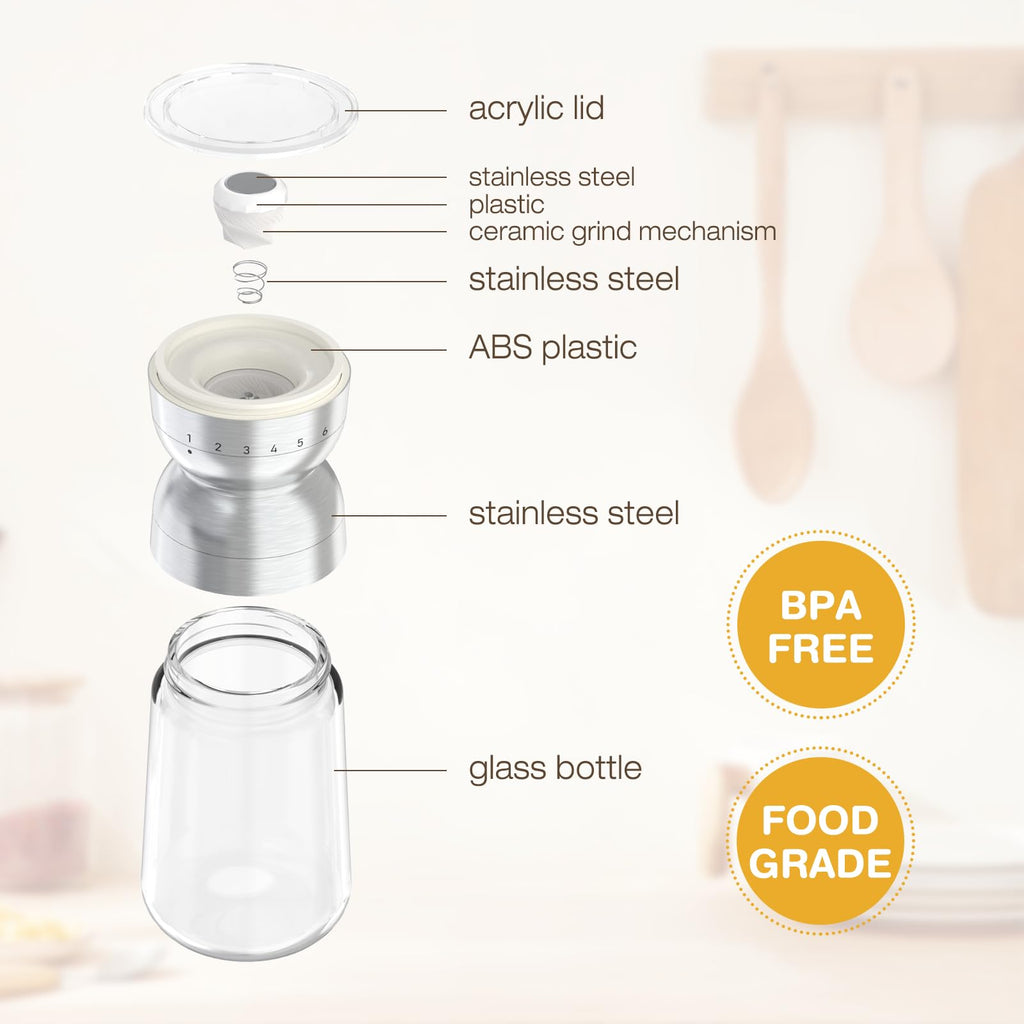 Vucchini Pepper Grinder Salt Grinder Manual - External Adjustable Coarseness with 6 Settings Stainless Steel Spice Grinder Mill Ceramic Burr Large Capacity 9 oz Ideal for Kitchen