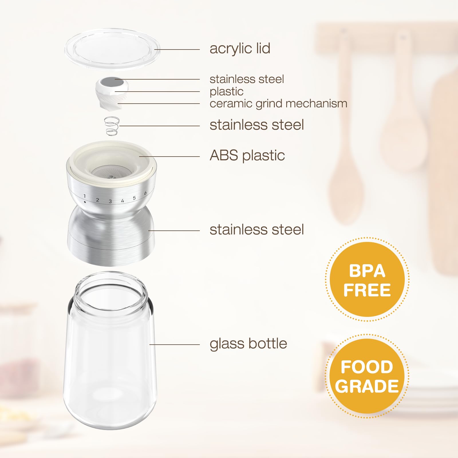 Vucchini Pepper Grinder Salt Grinder Manual - External Adjustable Coarseness with 6 Settings Stainless Steel Spice Grinder Mill Ceramic Burr Large Capacity 9 oz Ideal for Kitchen