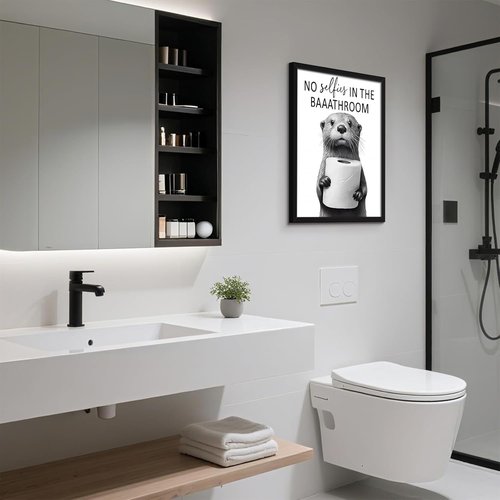 Funny Bathroom Wall Art by Framed | Cute Otter Holding Toilet Paper - Black & White Canvas - 12x16in