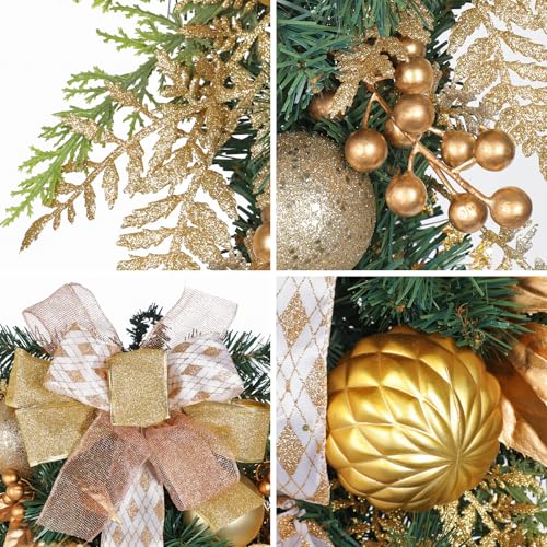 27.5-Inch Artificial Christmas Teardrop Swag with Gold Ornaments and Bow