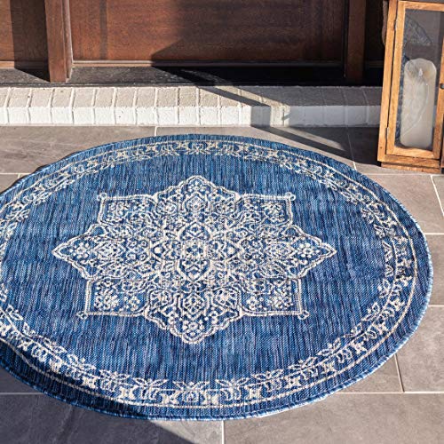 Unique Loom Outdoor Traditional Collection Area Rug - Antique (4' 1" Round, Blue/ Gray)