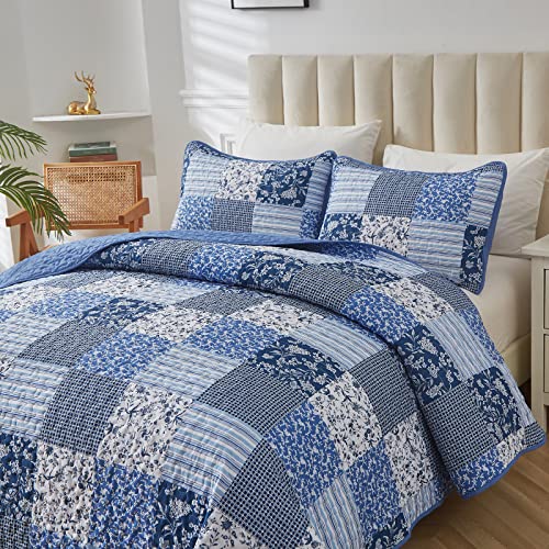 Mybedsoul King Size Boho Patchwork Floral Quilt Set, 3-Piece Blue Coverlet