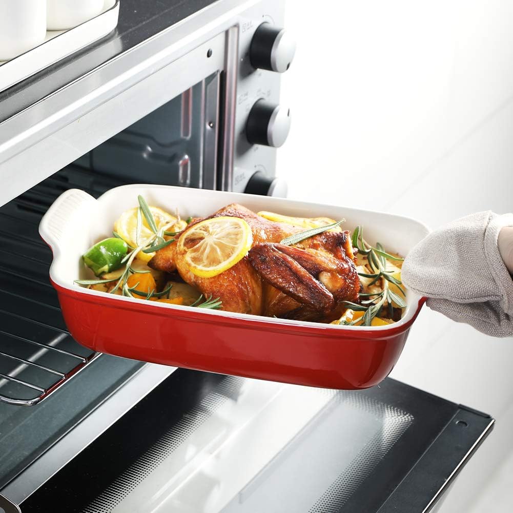 Sweejar Ceramic Baking Pans Set - Durable 9x13 Rectangular Casserole Dishes with Handle | 3-Piece Bakeware Set (Red)