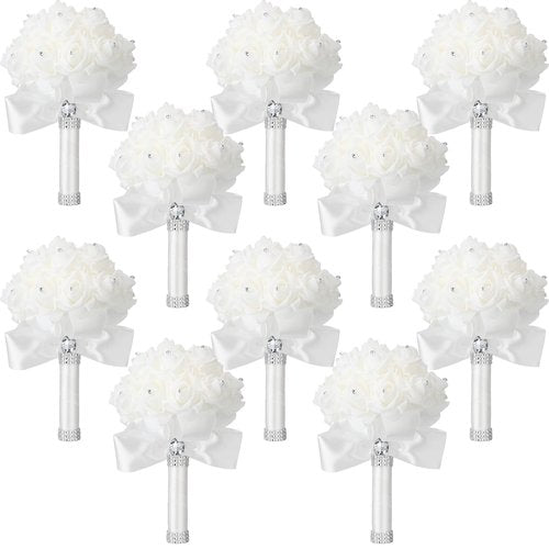 Jutom 10 Pieces Wedding Bouquets for Bride Roses Bridesmaid Bouquets for Wedding Hand Holding Bridal Bouquets for Bride Bouquet with Diamond Soft Ribbons for Engagement Church Party (White)