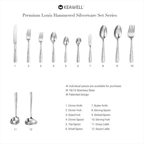 KEAWELL Premium Louis Hammered Serving Utensils, 18/10 Stainless Steel, Squared Edge Design, Mirror Finish, Dishwasher Safe (Hostess Serving Utensil Set)