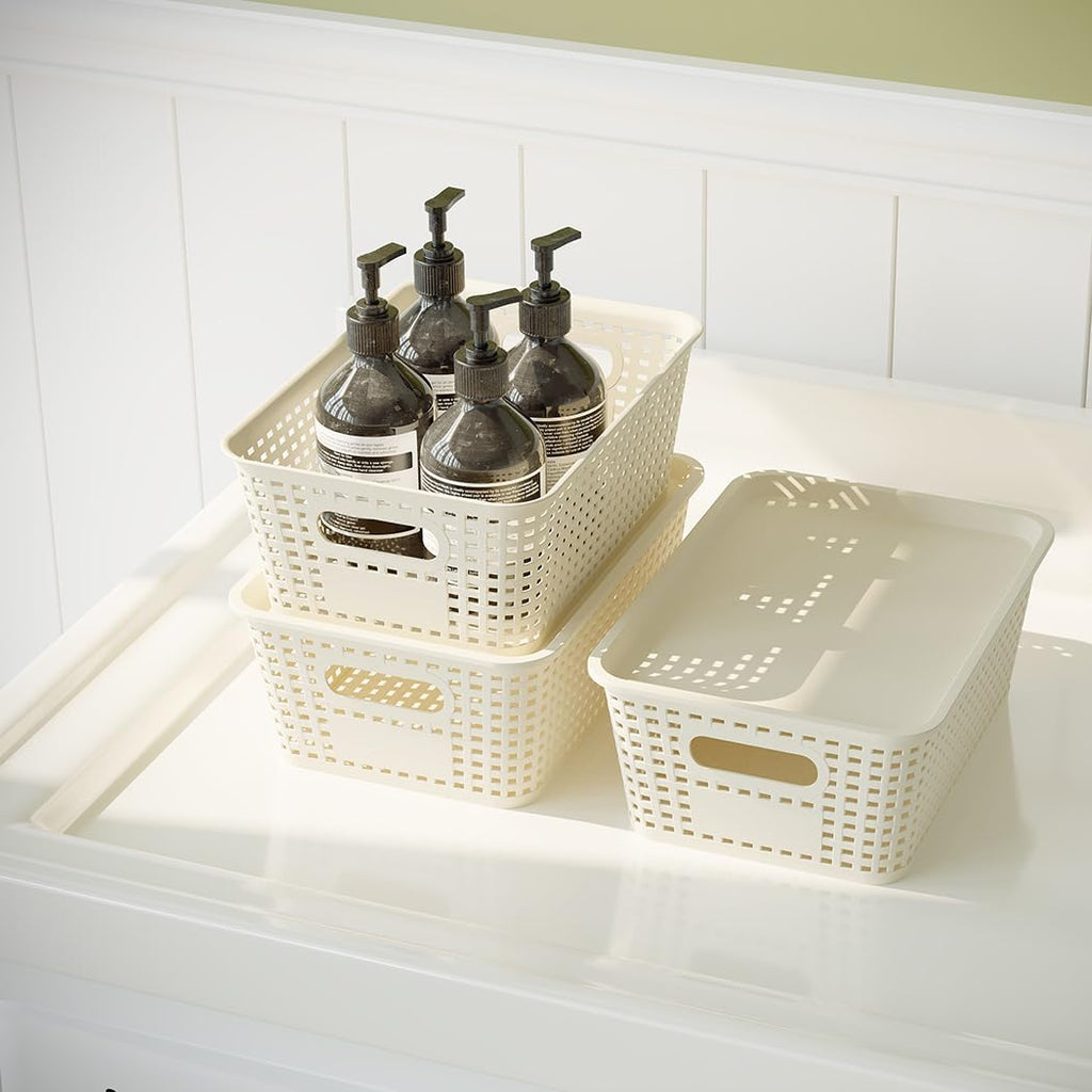 Resze Plastic Storage Baskets - 6 Pack with Lids | Breathable, Stackable Organizers for Home & Office, White