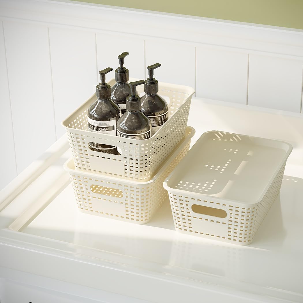 Resze Plastic Storage Baskets - 6 Pack with Lids | Breathable, Stackable Organizers for Home & Office, White