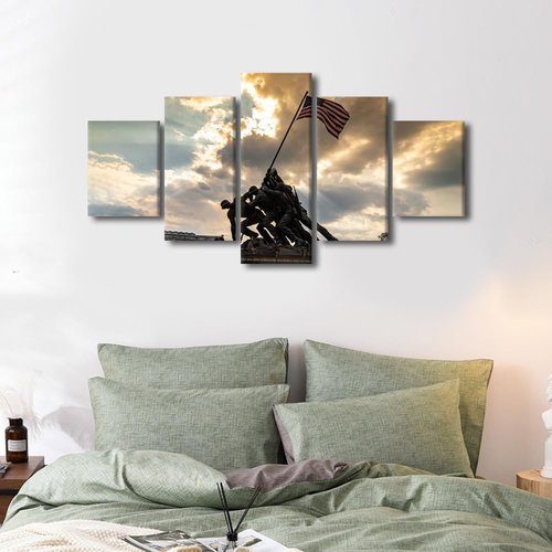 Canvas Wall Art US Marine Corps War Memorial Wall Paintings 5 Pieces Arlington Virginia Wall Art for Living Room Raising of the Flag at Iwo Jima Wall Pictures Framed Ready to Hang (60''Wx 32''H)