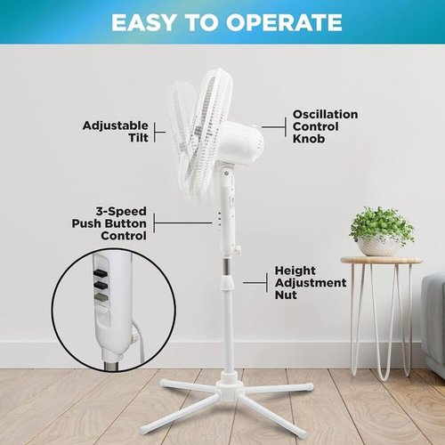 EZ-Chill 16” Oscillating Pedestal Fan - 3-Speed Options, 90-Degree Oscillation, Adjustable Height, White