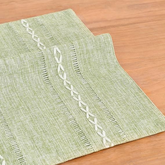 Sage Green Cotton Linen Placemats Set of 6, 12x18 Inch Embroidered Table Mats