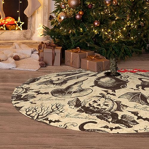 Vintage Halloween Black Cat Bat Witch Christmas Tree Skirt Floor Mat
