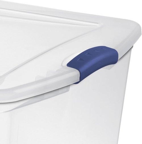 105 Qt. Plastic Storage Bin - Durable Lid, Stackable Clear Tote with Blue Buckles for Easy Organization