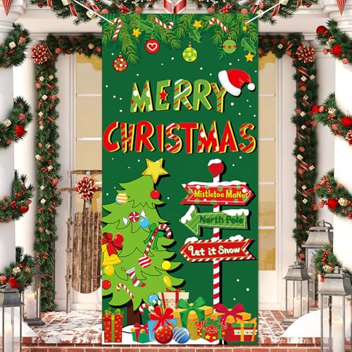 Christmas Door Cover with Tree & 'MERRY CHRISTMAS' Banner 31.5x67 inches