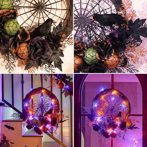 24-Inch Pre-Lit Halloween Wreath with LED Lights and Timer for Front Door