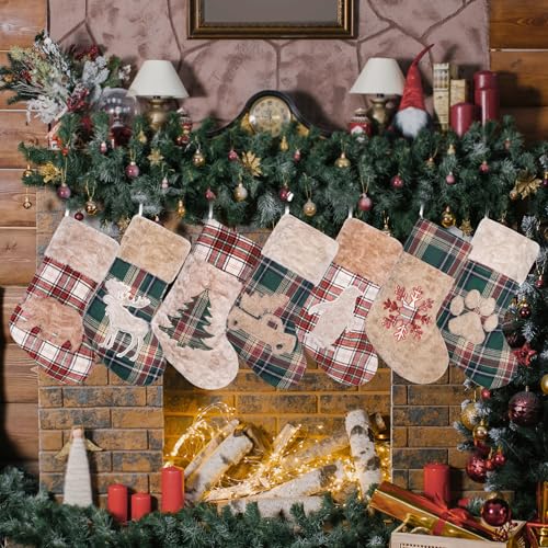 6 Pack 20-Inch Christmas Stockings, Rustic Farmhouse Plaid Holiday Decor