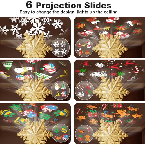 Golden Snowflake Christmas Tree Topper with LED Rotating Projector Light