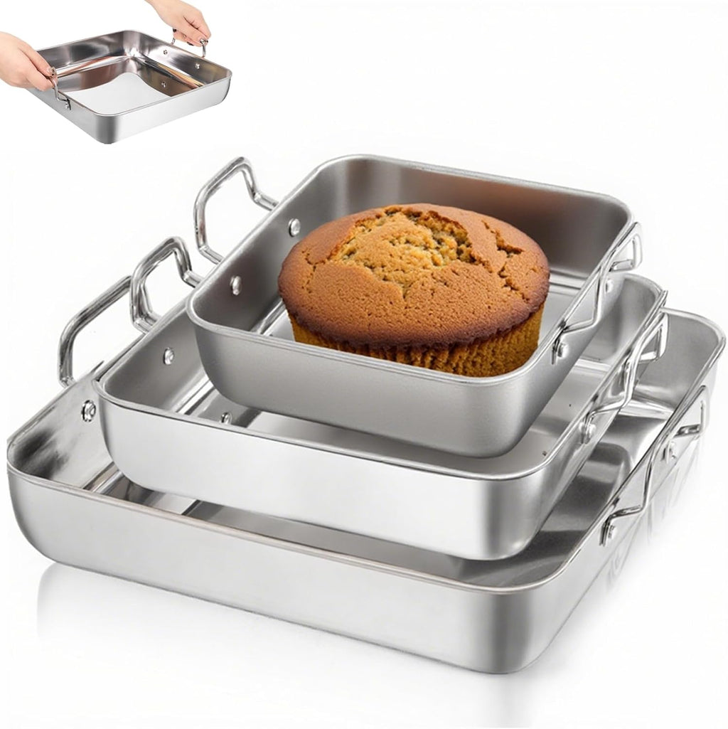 Tebery Square Cake Pan Set - Deep Stainless Steel Nonstick Baking Pans with Handles | Durable Bakeware for Birthdays & Weddings