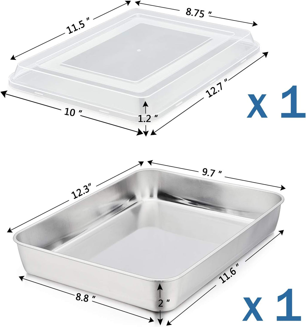P&P CHEF Stainless Steel Baking Pan Set - Heavy Duty Rectangular Bakeware with Lid | 12.3" Deep, Easy to Clean (2 Pcs)