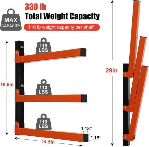 Metal Lumber Rack by [Brand Name] - Wall-Mounted Wood Storage Organizer | 3 Levers, Indoor/Outdoor Use, Orange (2 Pack)