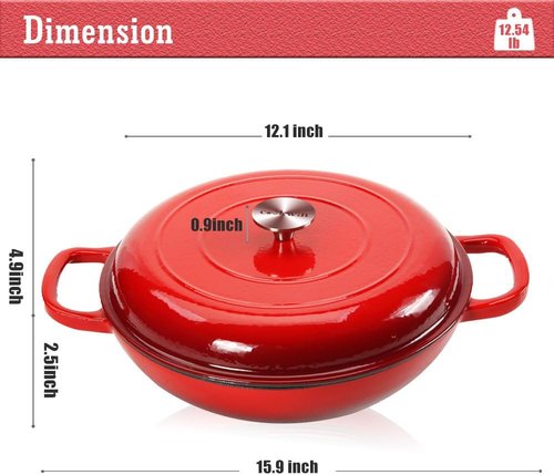 COOKWIN Cast Iron Dutch Oven - 3.8 Quart Enameled Casserole with Lid & Dual Handles | Red Porcelain Finish
