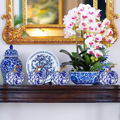 Set of 4 Blue and White Fabric Pumpkins - Chinoiserie Fall Table Decor